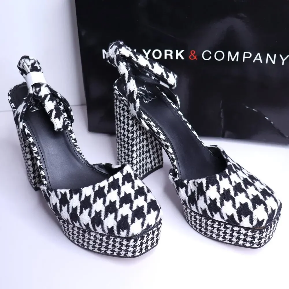 NEW YORK & COMPANY Laylani Houndstooth Heeled Platform Sandals NIB Women's 7.5